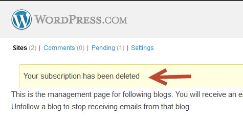Screenshot of Subscription Deleted Confirmation Message